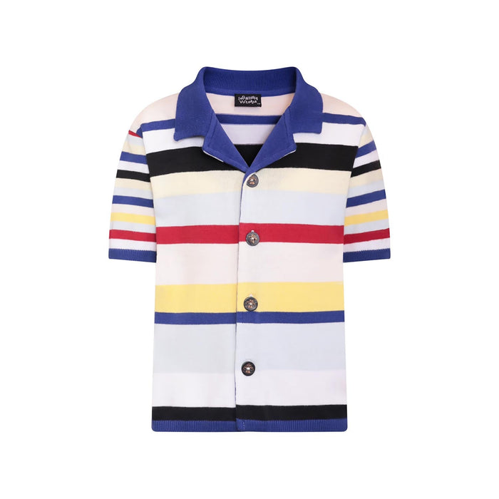 Bright striped knitted cotton shirt for kids on a plain background