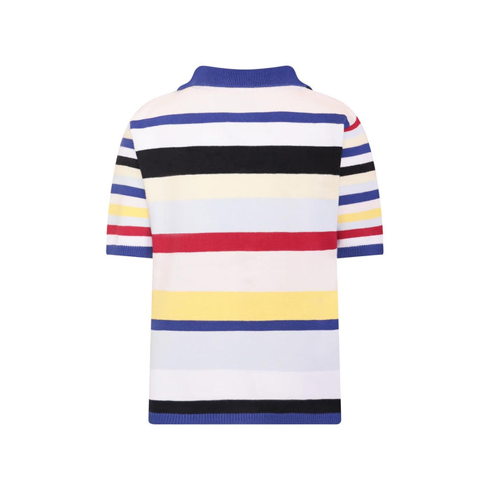 Back view of Bright striped knitted cotton shirt for kids on a plain background