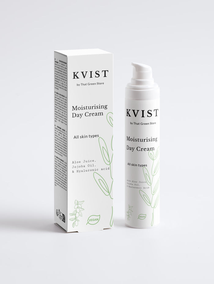 Kvist Moisturising Day Cream shown with its white packaging box and matching pump bottle on a light gray background.
