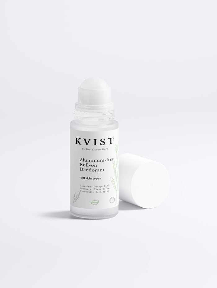 Kvist aluminum-free roll-on deodorant bottle with its cap off, displayed on a clean white background.