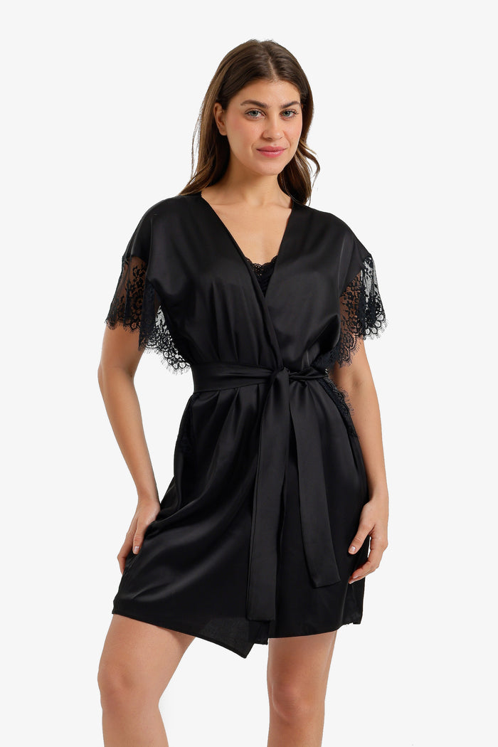 Lace-Sleeve Satin Robe