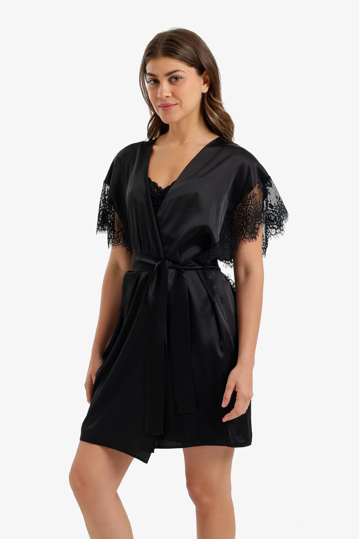 Lace-Sleeve Satin Robe