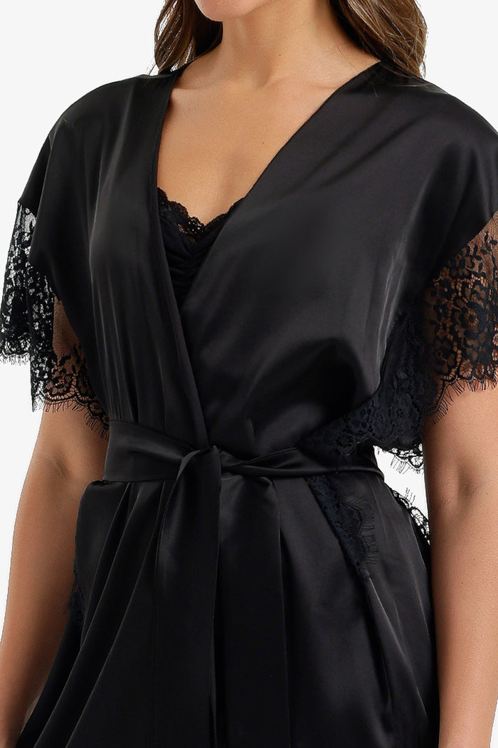 Lace-Sleeve Satin Robe