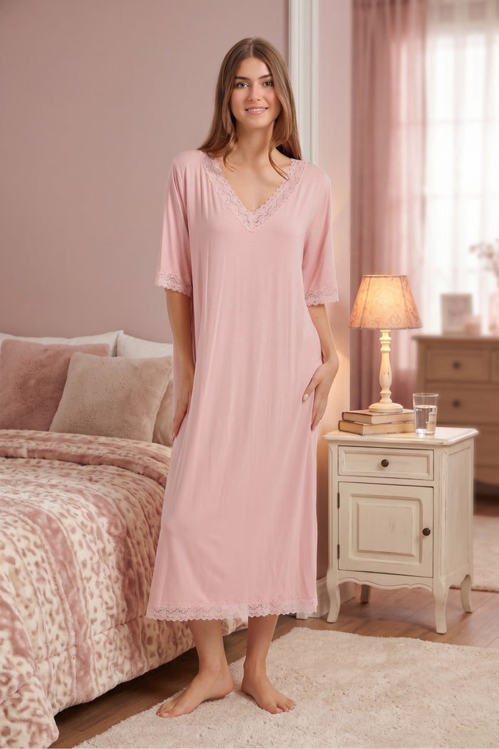 Lace Trim Midi Nightgown