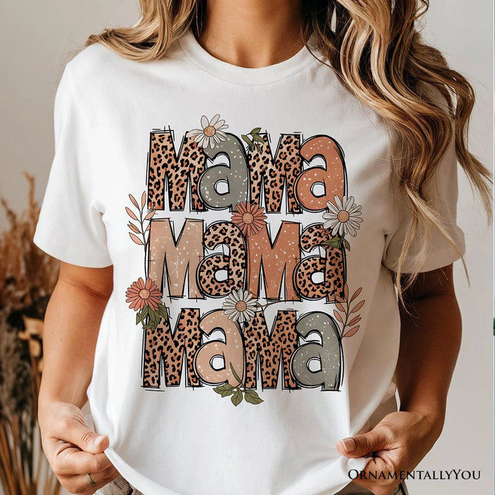 Leopard Mama Floral Retro T-Shirt, White and Natural Trendy Women's Tee with Wildflower Accents T-Shirts OrnamentallyYou