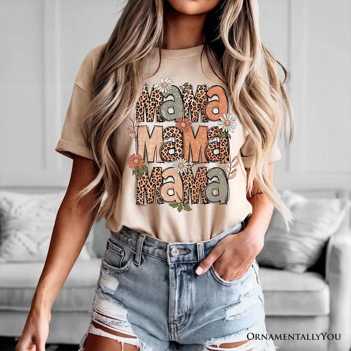 Leopard Mama Floral Retro T-Shirt, White and Natural Trendy Women's Tee with Wildflower Accents T-Shirts OrnamentallyYou