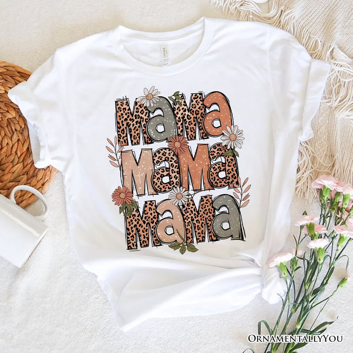 Leopard Mama Floral Retro T-Shirt, White and Natural Trendy Women's Tee with Wildflower Accents T-Shirts OrnamentallyYou White XS