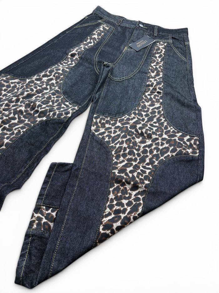 Leopard Panel Wide Leg Jeans