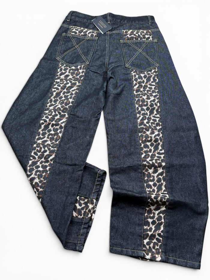 Leopard Panel Wide Leg Jeans