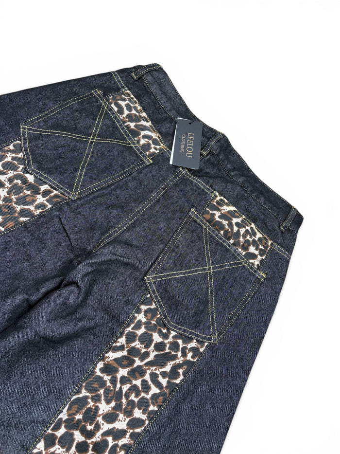 Leopard Panel Wide Leg Jeans