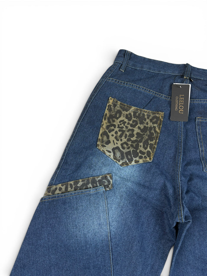Leopard Patchwork Baggy Jeans