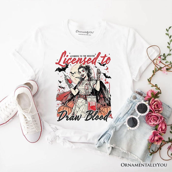 Licensed to Draw Blood Halloween Nurse T-Shirt, Groovy Tee for Spooky Season T-Shirts OrnamentallyYou White XS