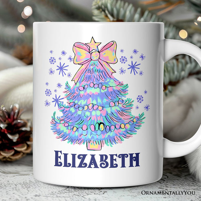 Light Blue Christmas Tree Bow Personalized Mug, Coquette Colorful Holiday Gift with Custom Name Personalized Ceramic Mug OrnamentallyYou White Customized