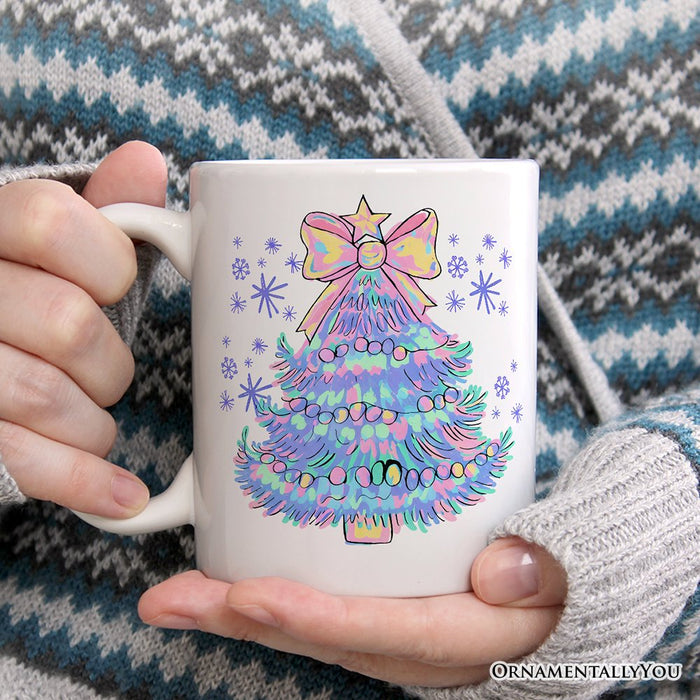 Light Blue Christmas Tree Bow Personalized Mug, Coquette Colorful Holiday Gift with Custom Name Personalized Ceramic Mug OrnamentallyYou