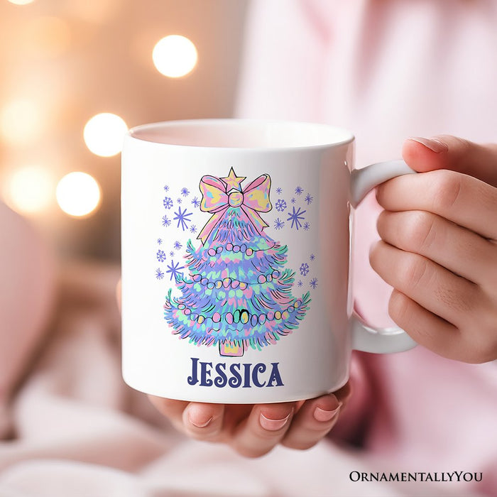 Light Blue Christmas Tree Bow Personalized Mug, Coquette Colorful Holiday Gift with Custom Name Personalized Ceramic Mug OrnamentallyYou