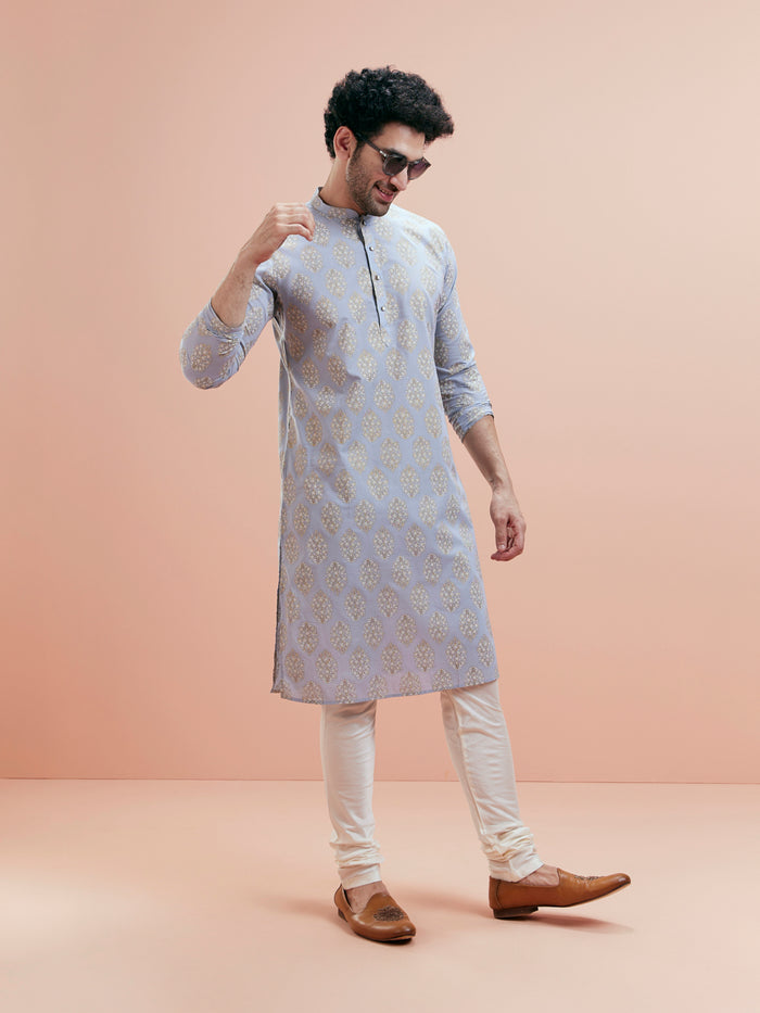 Light Blue Gold Motif Silk Blend Kurta