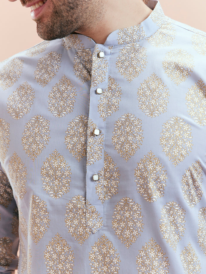 Light Blue Gold Motif Silk Blend Kurta