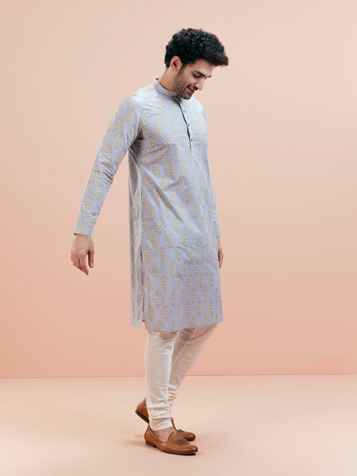Light Blue Gold Motif Silk Blend Kurta