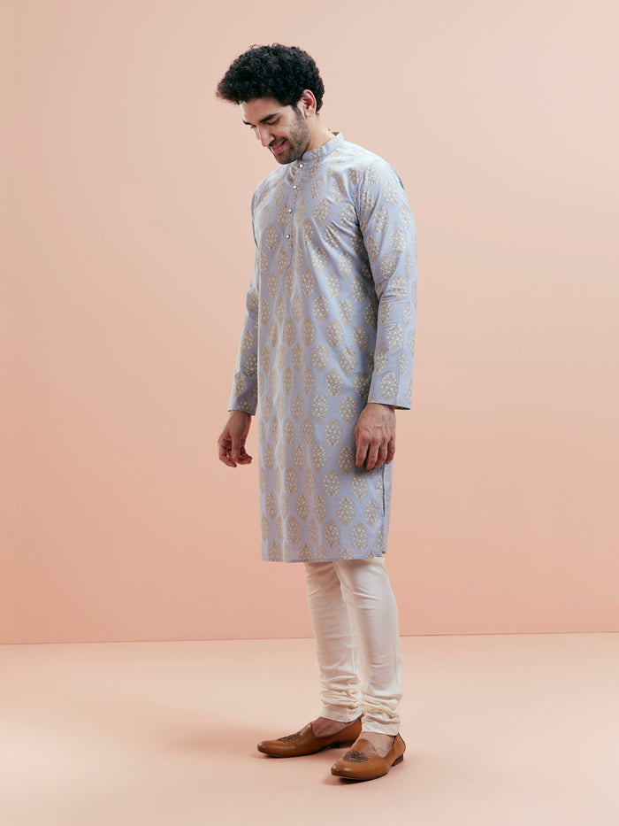 Light Blue Gold Motif Silk Blend Kurta