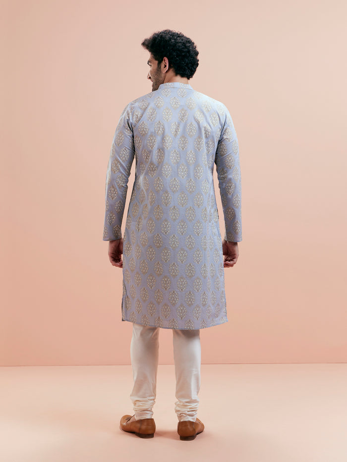 Light Blue Gold Motif Silk Blend Kurta