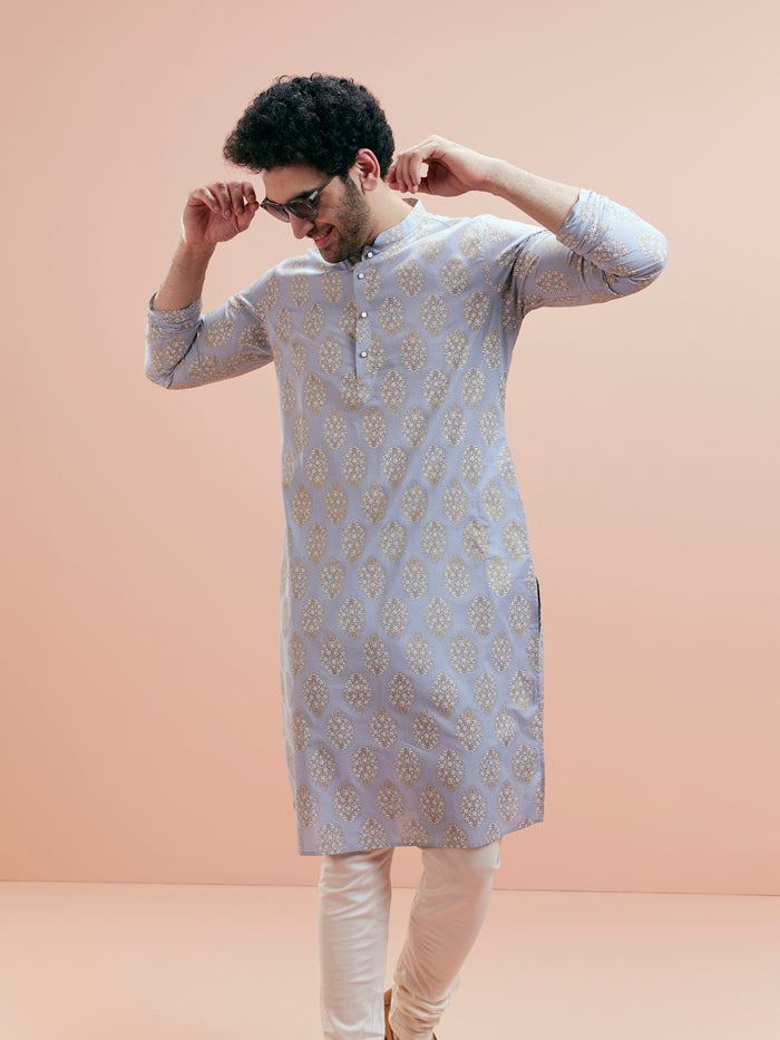 Light Blue Gold Motif Silk Blend Kurta