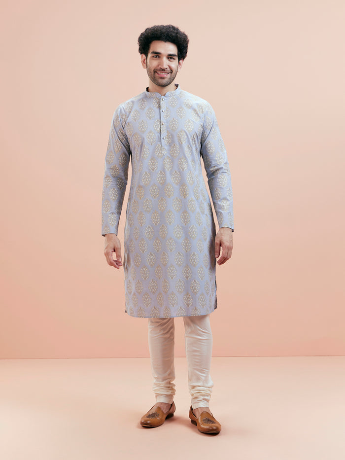 Light Blue Gold Motif Silk Blend Kurta