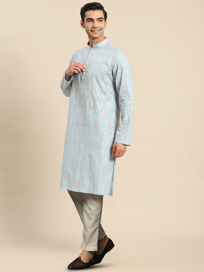 Light Blue Jacquard Kurta with Beige Trouser