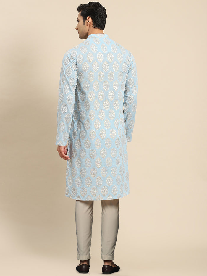 Light Blue Jacquard Kurta with Beige Trouser