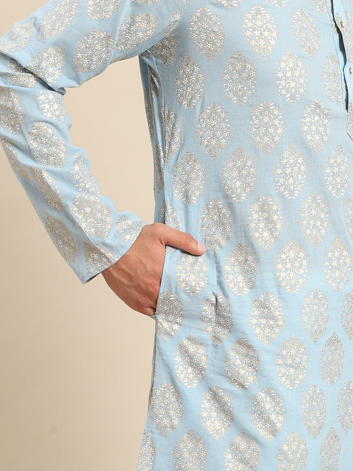 Light Blue Jacquard Kurta with Beige Trouser