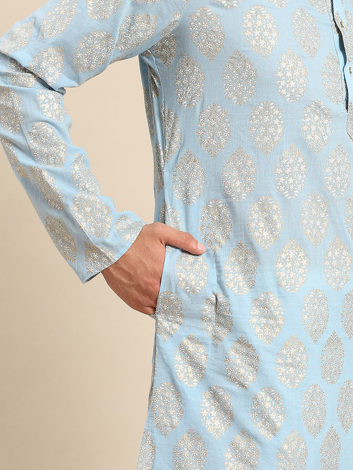 Light Blue Kurta Cream Churidar Set