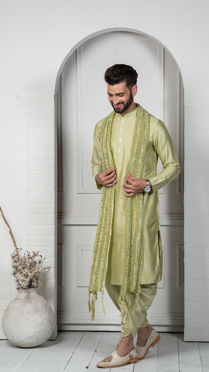 Light Green Silk Blend Kurta Dhoti Dupatta Set