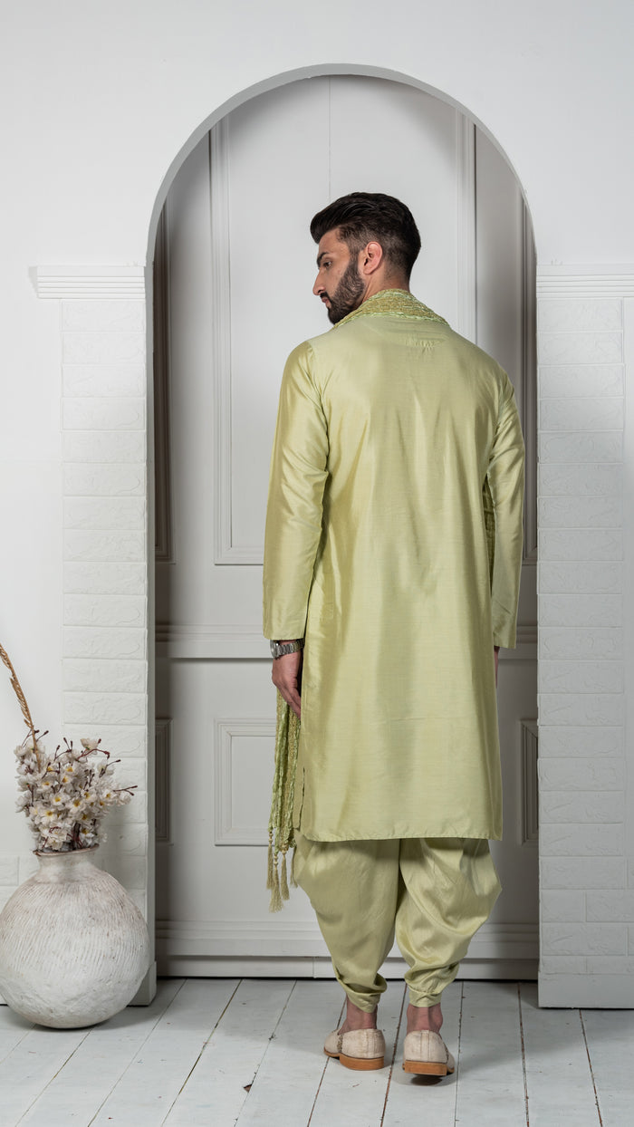 Light Green Silk Blend Kurta Dhoti Dupatta Set