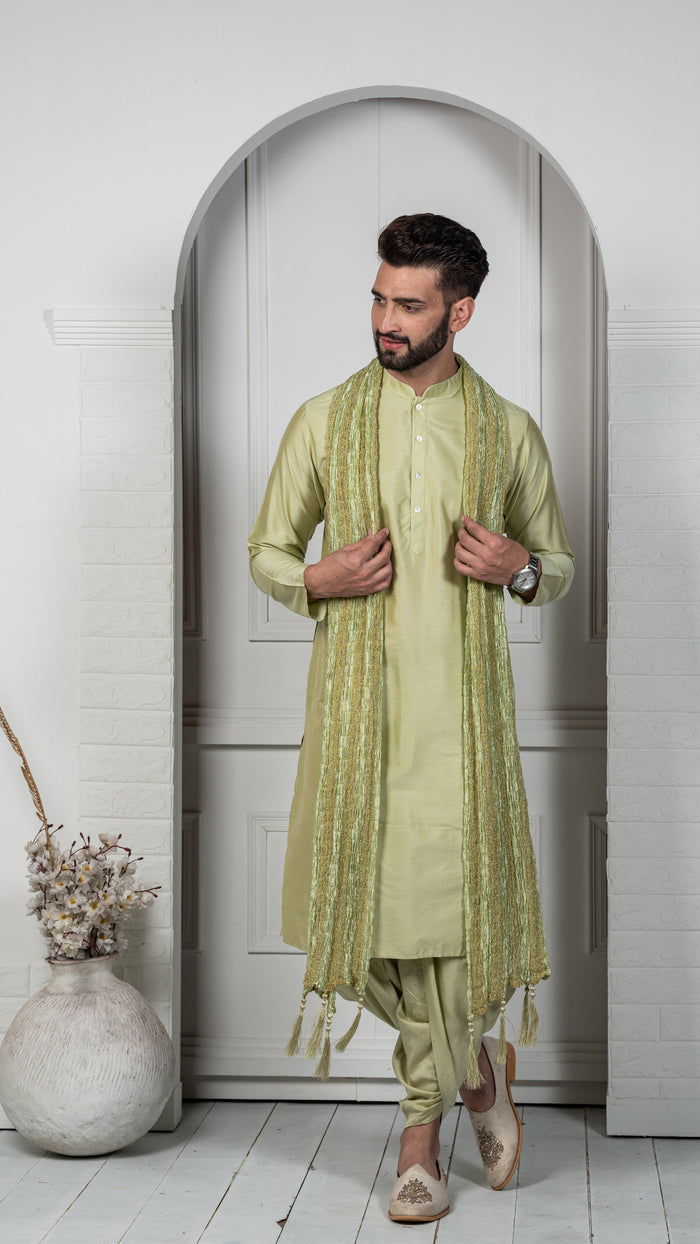 Light Green Silk Blend Kurta Dhoti Dupatta Set