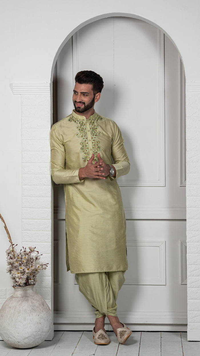 Light Green Silk Blend Kurta Dhoti Dupatta Set
