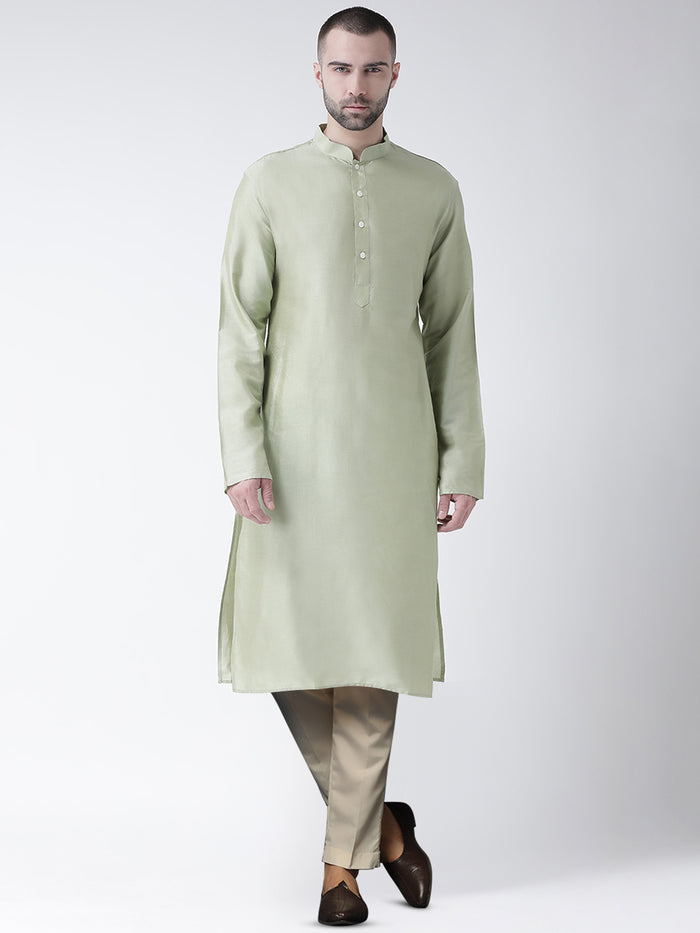 Light Green Silk Blend Kurta Set with Minimalistic Finish and Cream Trousers
