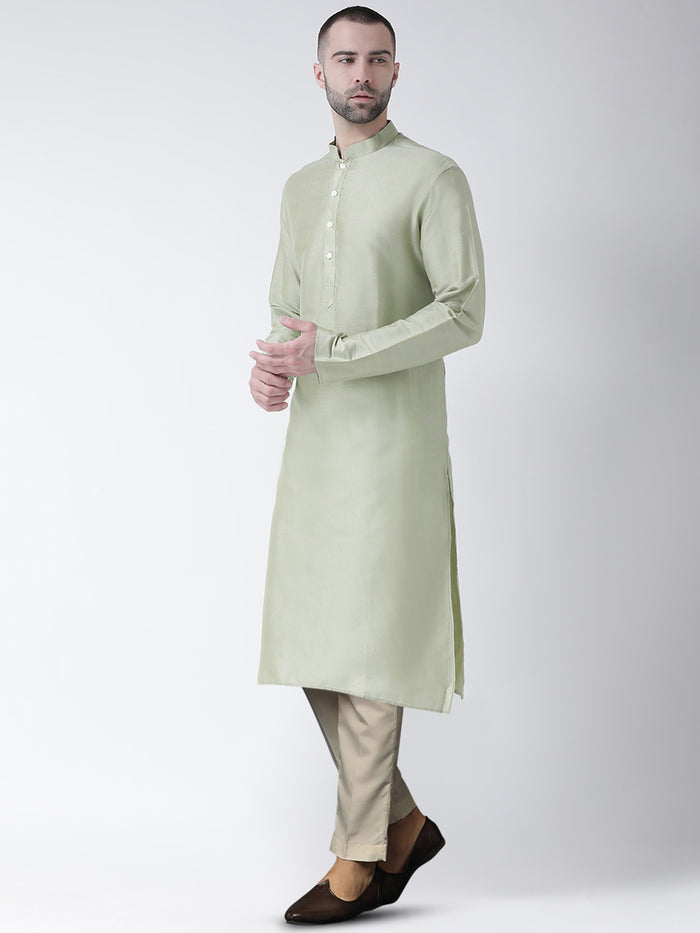Light Green Silk Blend Kurta Set with Minimalistic Finish and Cream Trousers