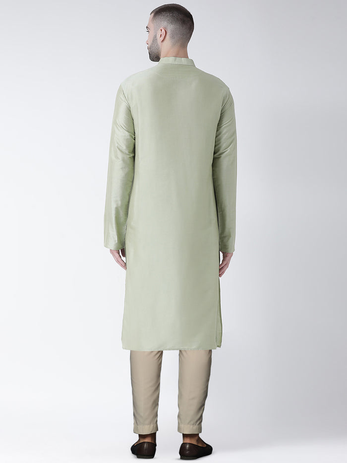Light Green Silk Blend Kurta Set with Minimalistic Finish and Cream Trousers