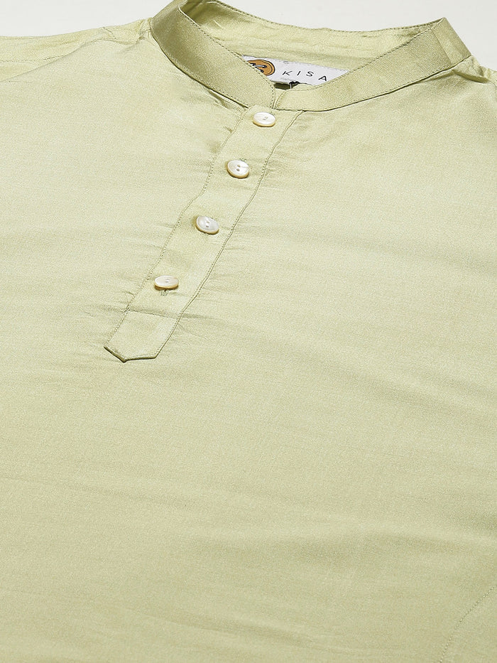 Light Green Silk Blend Kurta Set with Minimalistic Finish and Cream Trousers