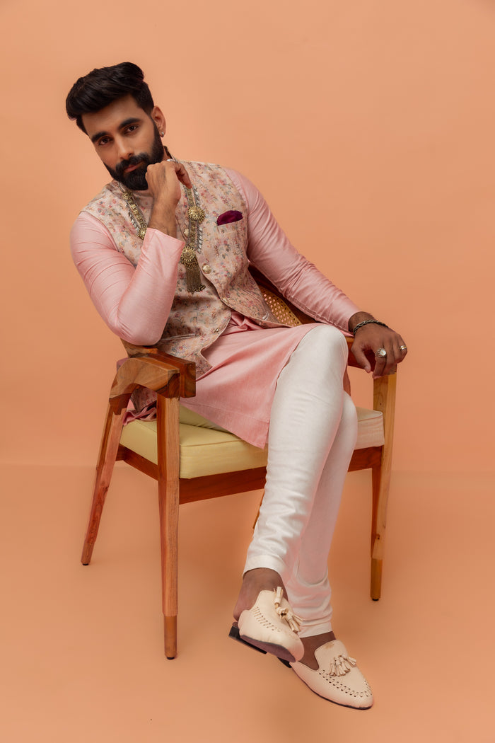 Light Pink Printed Nehru Jacket Kurta Churidar Set