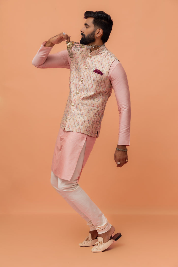 Light Pink Printed Nehru Jacket Kurta Churidar Set