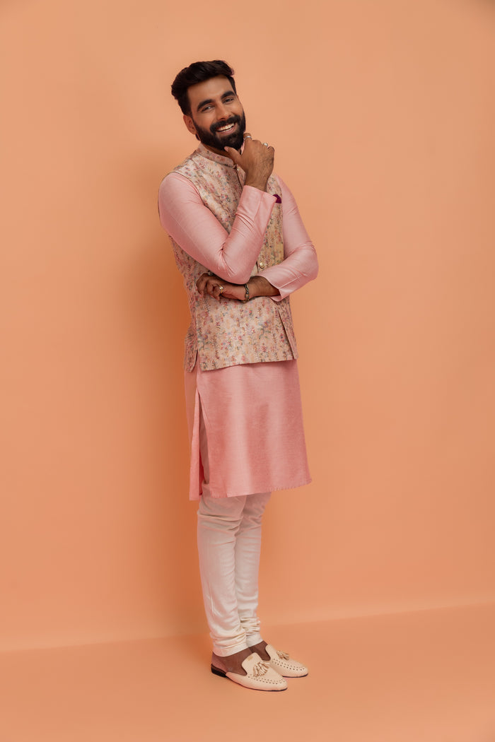 Light Pink Printed Nehru Jacket Kurta Churidar Set