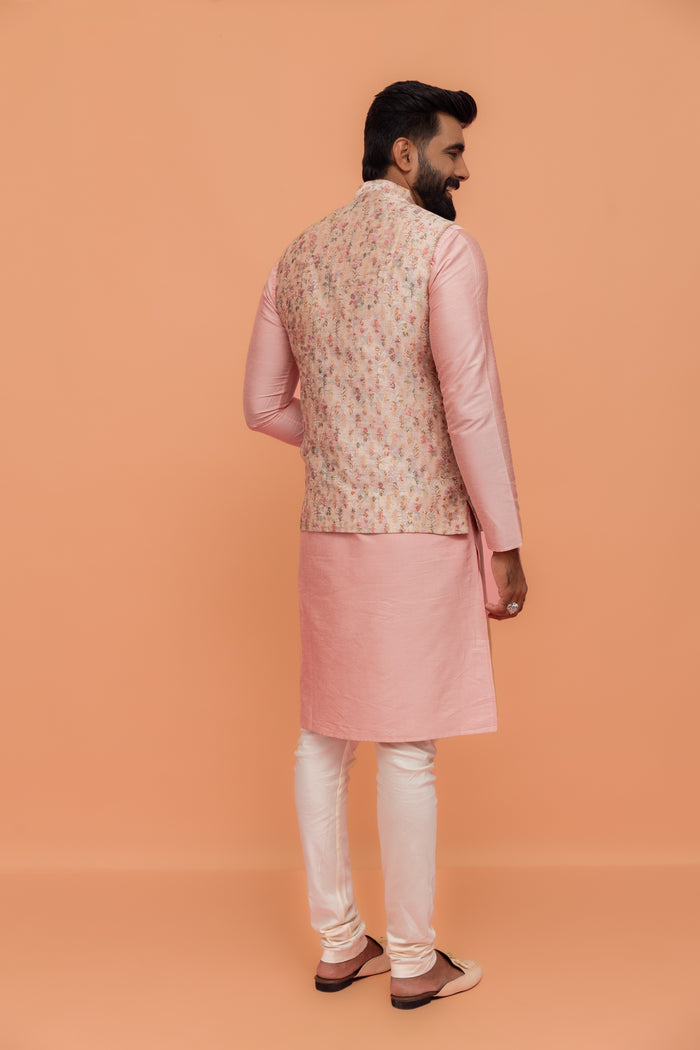 Light Pink Printed Nehru Jacket Kurta Churidar Set