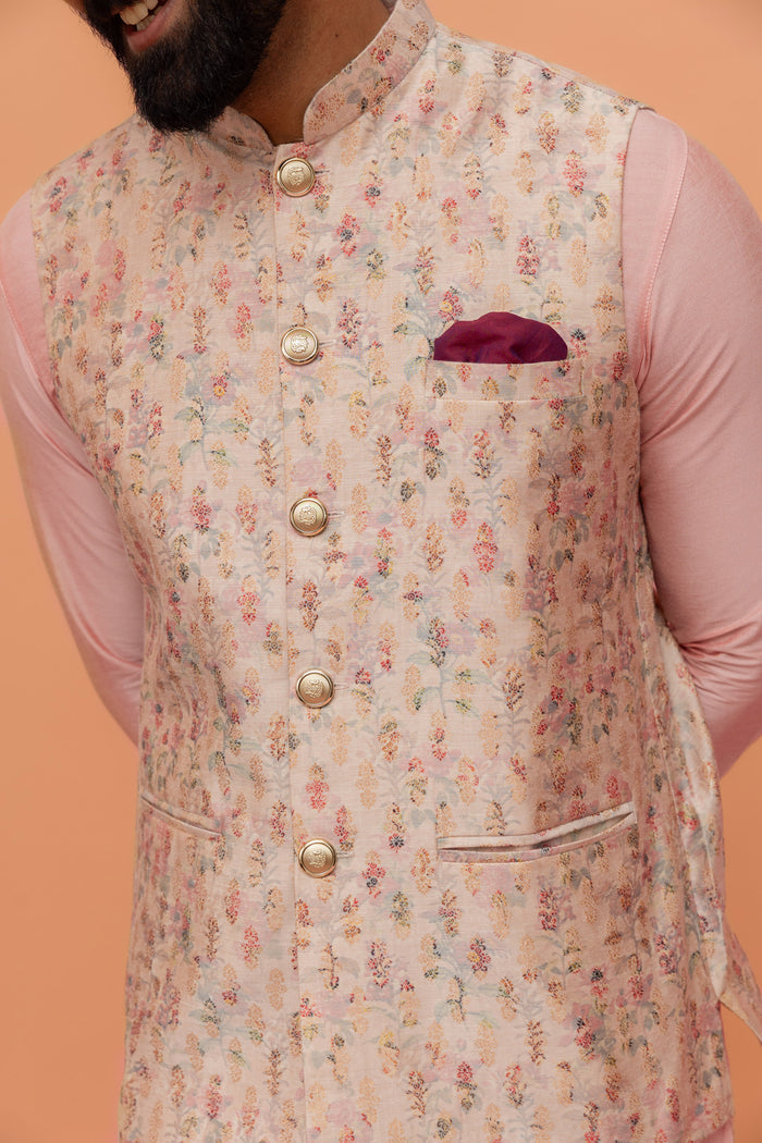 Light Pink Printed Nehru Jacket Kurta Churidar Set