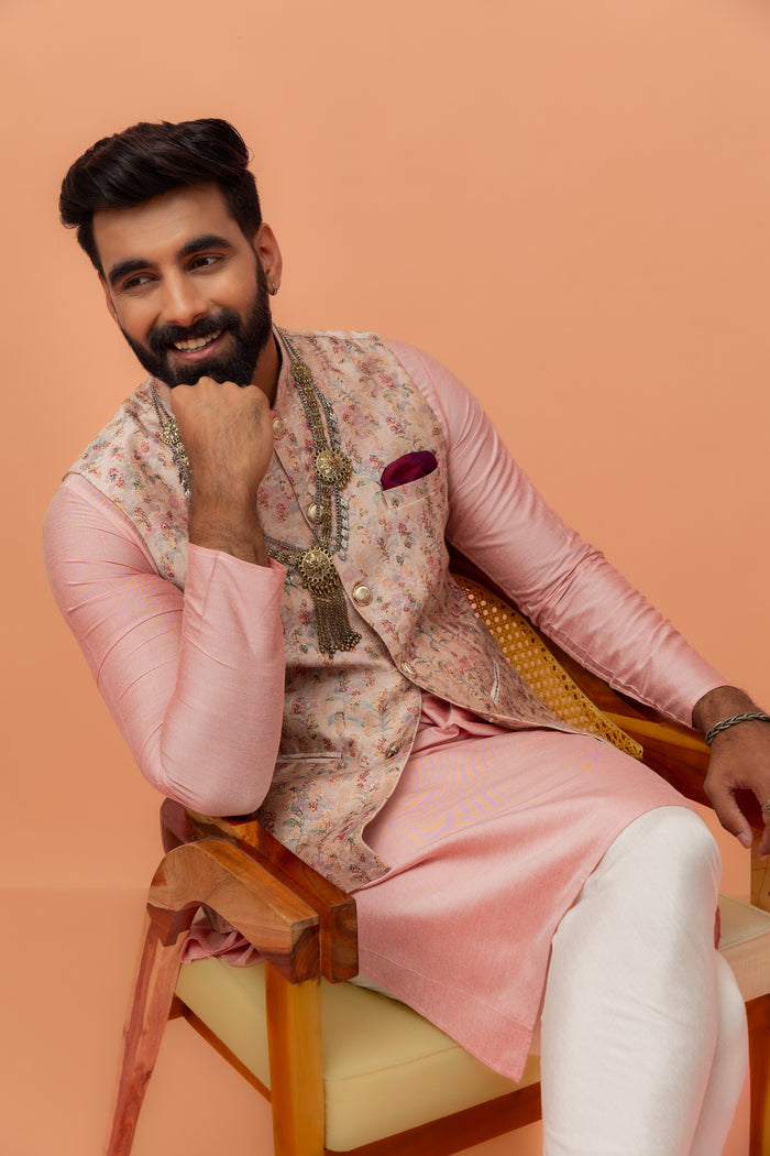 Light Pink Printed Nehru Jacket Kurta Churidar Set