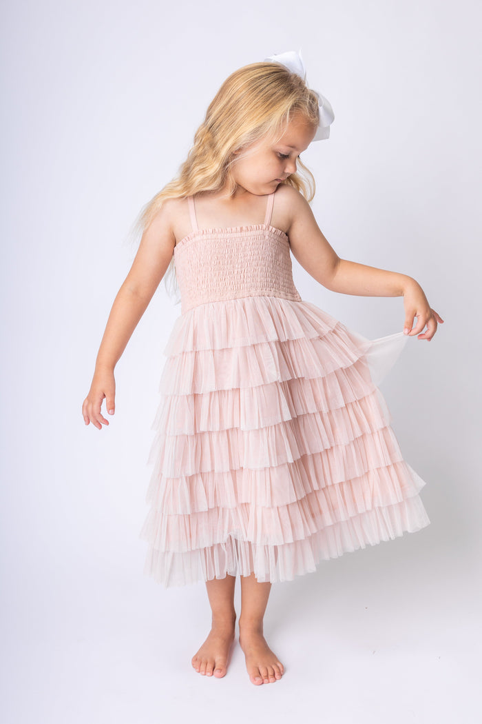 Light Pink Tulle Solid Color Tiered Ruffle Dress Dress Yo Baby India
