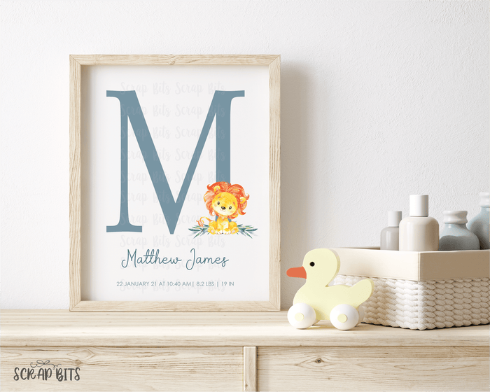 Lion Nursery Art, Baby Stats Print . Large Initial Personalized Nursery Print - Scrap Bits