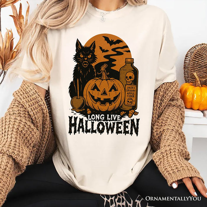 Long Live Halloween T-Shirt, Retro Black Cat Pumpkin Tee for Horror Fans T-Shirts OrnamentallyYou Natural XS