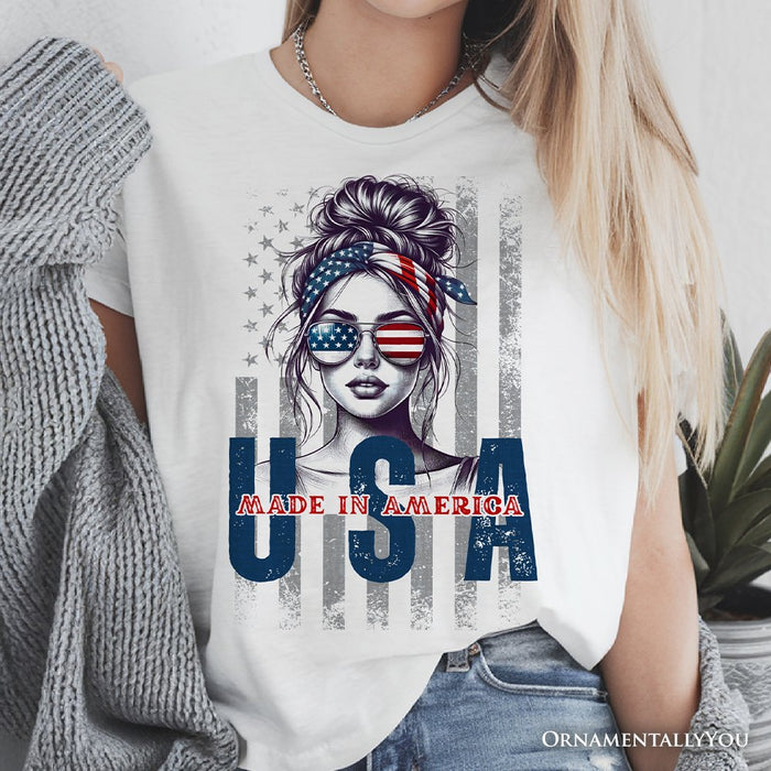 Made in America Messy Bun T-Shirt, Retro 4th of July White Patriotic Tee T-Shirts OrnamentallyYou