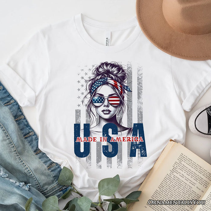 Made in America Messy Bun T-Shirt, Retro 4th of July White Patriotic Tee T-Shirts OrnamentallyYou White XS
