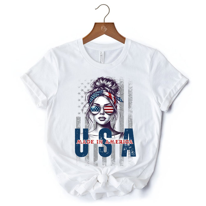 Made in America Messy Bun T-Shirt, Retro 4th of July White Patriotic Tee T-Shirts OrnamentallyYou